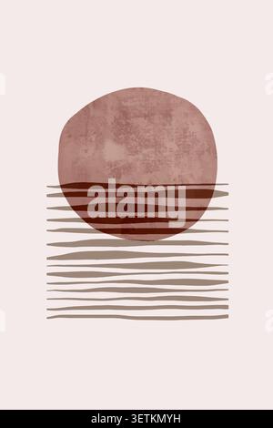 Minimal abstract composition with textured sun and horizontal lines Stock Vector