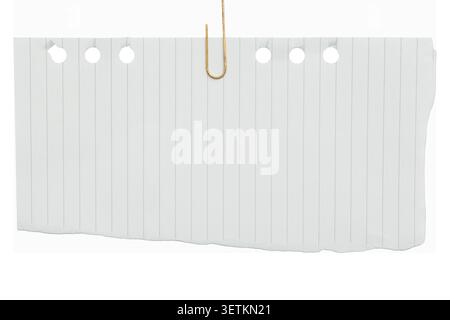 Blank lined notebook paper scrap with gold paperclip isolated. Stock Photo