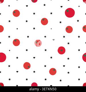 Red tomatoes and seamless cute small scale red stars and hearts fabric design Stock Vector