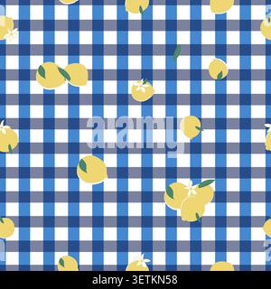 Lemons blue plaid pattern. Seamless fabric design pattern Stock Vector
