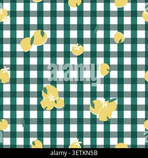 Lemons green plaid pattern. Seamless fabric design pattern Stock Vector