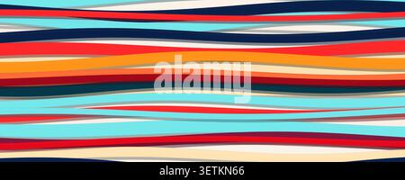 Abstract wavy horizontal stripes, colorful coastal background. Red, cyan, navy, orange bands, summer textile, wrapping, wallpaper design. Vector Stock Vector