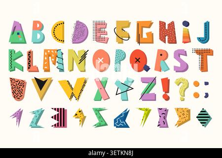 Memphis Colorful Alphabet Vector Font. Retro 80s - 90s. Pop Art Style Letters and Numerals Set. Creative Geometric Typographic Typeface for Trendy Stock Vector