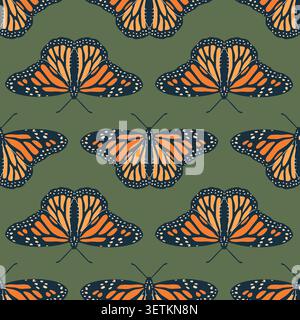 Abstract bohemian hand drawn monarch orange butterfly symmetrical seamless pattern on sage green background Stock Vector