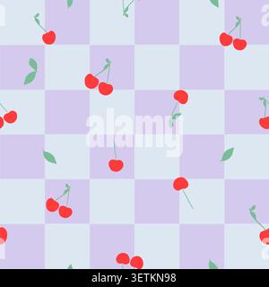 Cute Pastel plaid vibrant pink cherry seamless fabric design pattern Stock Vector