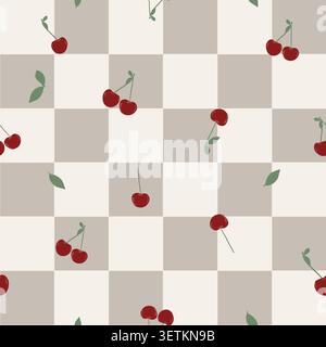 Warm Retro plaid vibrant pink cherry seamless fabric design pattern Stock Vector