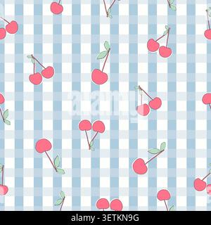 Cherries blue plaid pattern. Seamless fabric design pattern Stock Vector