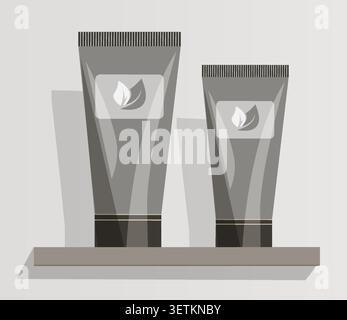 Minimalist Black Cosmetic Tubes Vector Front View of Carbon Charcoal Cream Packaging on Wooden Shelf for Men Skincare and Luxury Grooming Mockup Asset Stock Vector