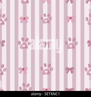 Pink and white stripe pattern plaid bows and paw prints pattern Stock Vector