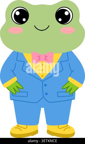 Cartoon frog character in a blue suit and pink bow tie. Vector mascot on white background. Stock Vector