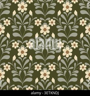 Flowers, buds and petals on a seamless pattern. Vector illustration. The pattern of flowering grasses and twigs is isolated on a dark background. Stock Vector