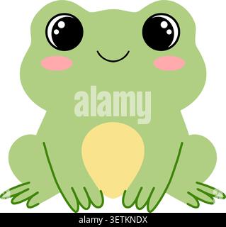 Green frog character sitting and smiling. Vector amphibian mascot isolated on white background. Stock Vector