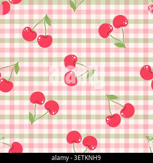 Seamless pattern with red cherries on pink and green gingham plaid. Romantic fruit background. Stock Vector