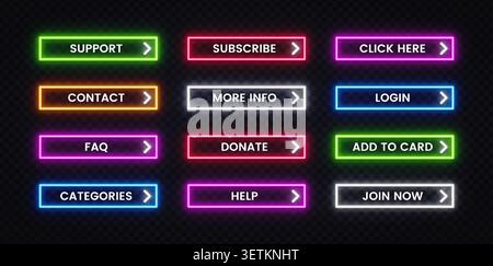 Neon rectangular web buttons with labels Support, Contact, Subscribe, FAQ and more on dark background. Bright glowing UI set for website, landing page Stock Vector