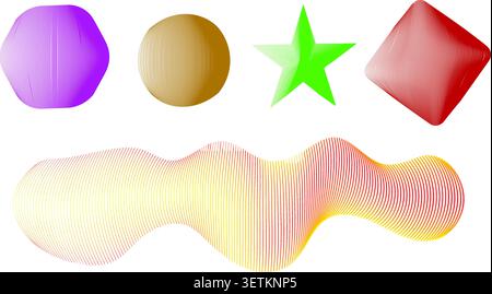 Collection of abstract 3D shapes including a hexagon, circle, star, rhombus, and a fluid gradient form. Stock Vector