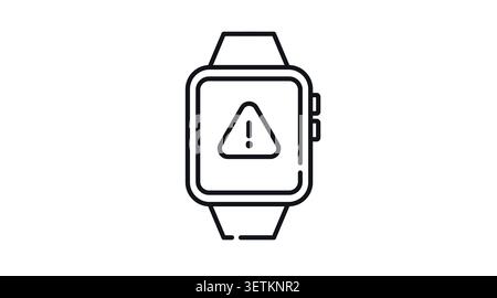 Smartwatch with warning icon: wearable smart watch displaying triangle alert symbol on screen, minimalist black line art vector illustration for syste Stock Vector