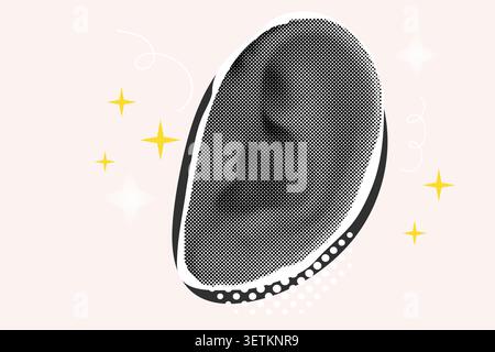 Retro halftone ear design in dotted pixel art style, collage with doodle stars. Pop art graphics, vintage magazine style collage element design. Trendy grunge style. Vector illustration Stock Vector