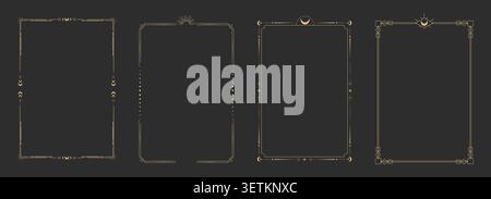 Celestial boho minimal esoteric frame, elegant art deco thin line border. Tarot divider linear decoration with dots, moon, stars corners isolated on dark background. Vector illustration Stock Vector