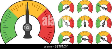 Pressure gauge icon set collection in flat style. Manometer vector illustration on isolated background. Pressure measurement sign business concept. Stock Vector
