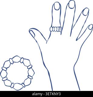 Sensory Acupressure Finger Ring. Spiky Fidget Toy on Human Hand for Anxiety Relief. Hand Drawn Line Art. Tactile Massaging Spring Roller Ring Set for Stock Vector