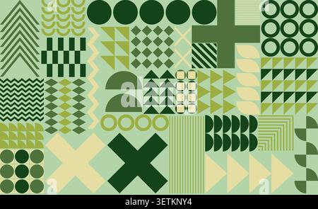 Green abstract seamless geometric pattern. Olive and khaki vector background set in modern Bauhaus style for organic textile, fabric print, and Stock Vector