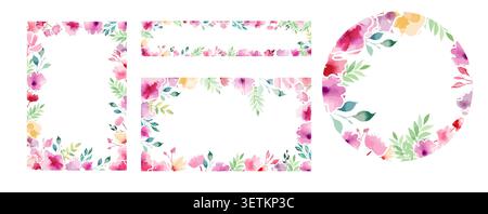 A set of beautiful frames made of watercolor flowers of various shapes . Hand drawn. Not AI, vector illustration. Stock Vector