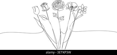 continuous line art illustration of a mixed flower bouquet, featuring a tulip, rose, ranunculus, poppy, and daffodil in a minimalist, elegant sketch Stock Vector