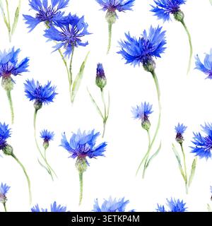 Seamless vintage floral pattern watercolor Cornflower Hand drawn. Not AI, vector illustration. Stock Vector
