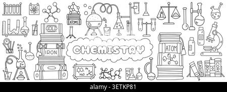 Coloring Page For Kids About Going Back To School And A Set Of Illustrations On The Theme Of Chemistry Stock Vector