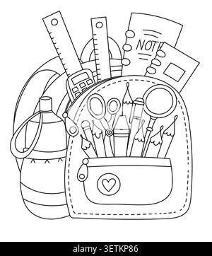 Coloring Page For Kids Featuring A School Backpack With School Supplies Going Back To School Stock Vector