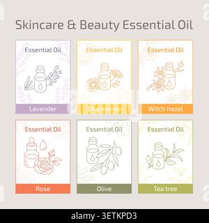 Skincare and Beauty Essential Oil Collection with Botanical Line Art Stock Vector