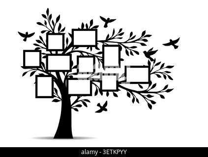 Family tree with photo frames and birds. Memories. Insert your photo into template frames. Collage border vector. Metal or decal art decoration. Stock Vector