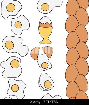 Fresh and boiled farm eggs Egg colored Vertical border set hand drawn illustration. Vector graphic line art. Minimalistic design. Template for invitat Stock Vector