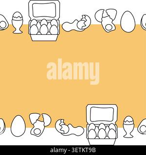 Egg horizontal border frame template hand drawn illustration. Vector Black and white graphic line art. Pattern with Eggs. Illustration for recipe cook Stock Vector