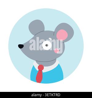 Funny mouse in a red tie. Avatar, portrait, social media design. Vector flat illustration isolated on a white background. Stock Vector