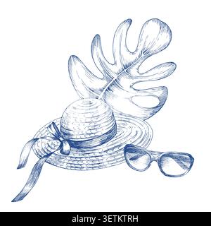Straw hat, sunglasses and monstera leaf. Handmade ink illustration. For design of cards, cover, prints, product labels and fabric. Stock Vector
