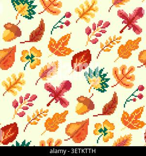 Pixel art autumn leaves, acorns, berries, and botanical elements seamless pattern in retro game style, featuring colorful seasonal icons inspired by f Stock Vector