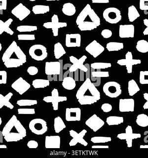 Black and white seamless pattern with abstract geometric symbols inspired by Memphis style. Hand painted repeating background for textile, stationery Stock Vector