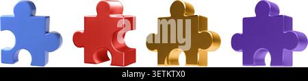 3D puzzle piece icon set. Blue red and purple golden jigsaw parts, complex problem solving concept. Business strategy, team building, creative idea Stock Vector