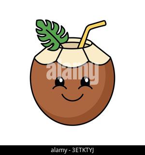 Cute Kawaii Coconut Drink with Straw and Tropical Leaf Illustration - A cute, smiling coconut character illustration in a kawaii style. Stock Vector