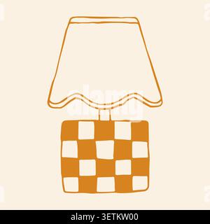 Hand drawn vector illustration of a trendy table lamp featuring a mustard yellow checkerboard pattern base and a wavy scalloped lampshade. Ideal for Stock Vector