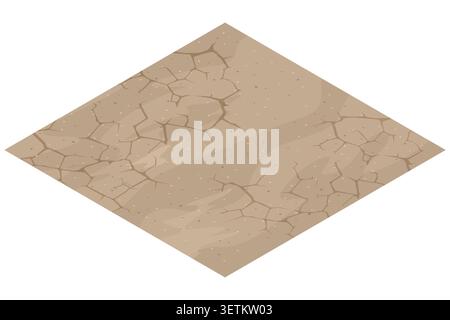 Isometric cracked dry ground tile with dusty soil texture and arid surface details on a clean background. Desert landscape illustration conveys Stock Vector