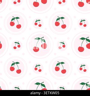 Cherries vector seamless pattern. Flat hand drawn summer fruits design with pink circle, vintage design for textile, fabrisc, packaging, and wrapping Stock Vector