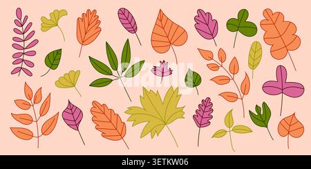 Autumn tree design with leaves vector leaf and nature fall illustration. Forest plant isolated with maple autumn orange and set flat foliage Stock Vector