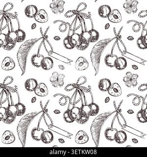 Seamless pattern with cherries, flowers and leaves, bows and tags. All illustrations are hand-drawn in ink. Vector pattern for printing on the packagi Stock Vector