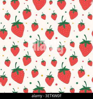 Strawberry vector seamless pattern. Flat hand drawn summer fruit design for textile, fabric, packaging and wrapping paper. Stock Vector