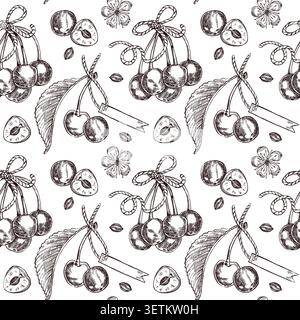 Seamless pattern with cherries, flowers and leaves, bows and tags. All illustrations are hand-drawn in ink. Vector pattern for printing on the packagi Stock Vector