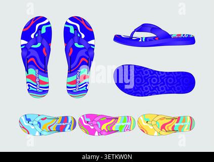 Fashion Flip-Flop Sandals Multi-Color Concept with Abstract Pattern Detailing Stock Vector