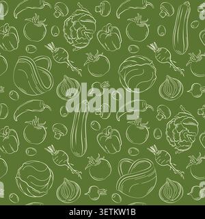 Hand-drawn summer vegetable seamless pattern with onion, cauliflower, radish for grocery, farmer market, seasonal packaging Stock Vector