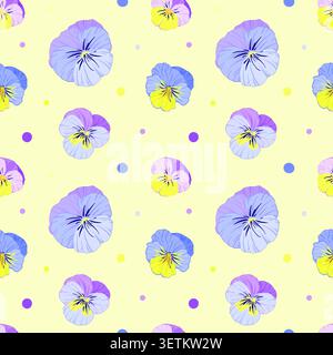 vector seamless pattern with viola flowers, wild pansies, on a yellow background Stock Vector